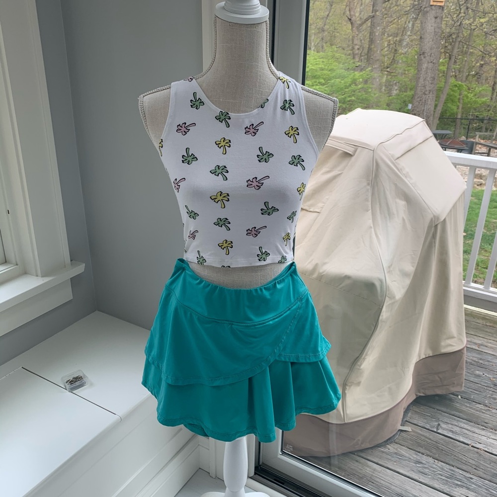 Palm tree crop top with teal skort